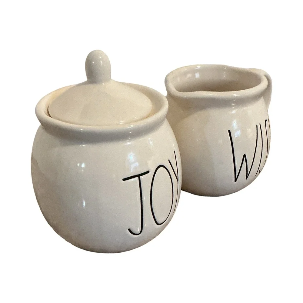 Rae‎ Dunn JOY Sugar Bowl and WISH Creamer Set Ivory Ceramic Farmhouse Decor
